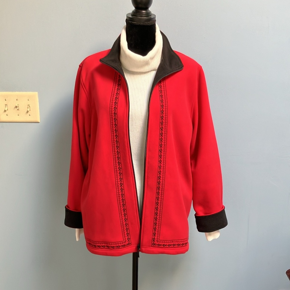 Allison Daley Women’s Large Red Fleece Black Embroidery Zip Jacket Scandi Girl